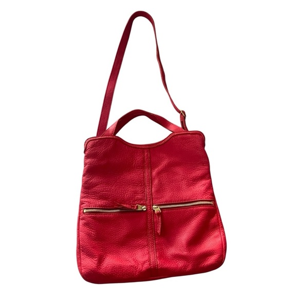Fossil Erin Red Leather Foldover Crossbody Tote Bag Pockets Adjustable Strap - Picture 2 of 12